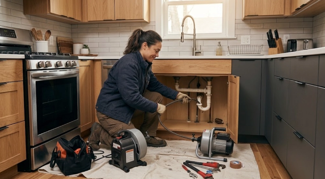 Professional plumber using motorized drain snake equipment to clean and clear a clogged kitchen sink drain trap