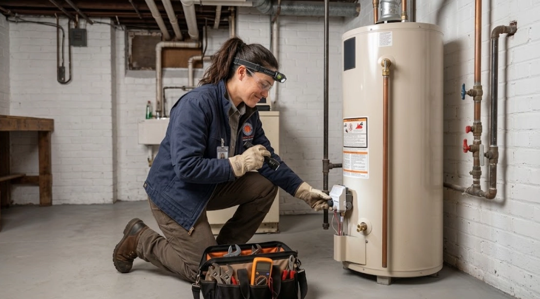 Licensed technician inspecting and servicing a residential water heater system and temperature relief valve